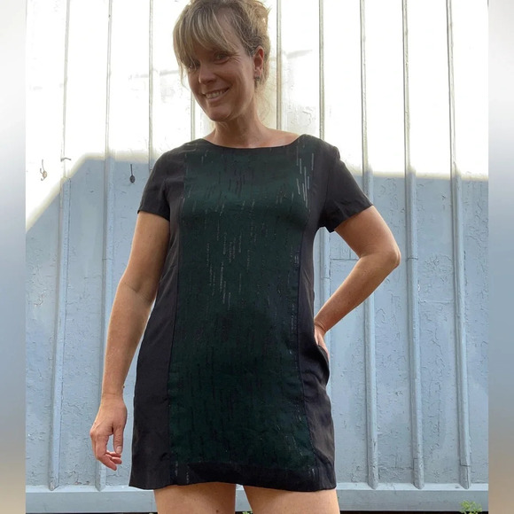 rag & bone Green & Black Silk Metallic Shift Dress, size 10 - Picture 2 of 15